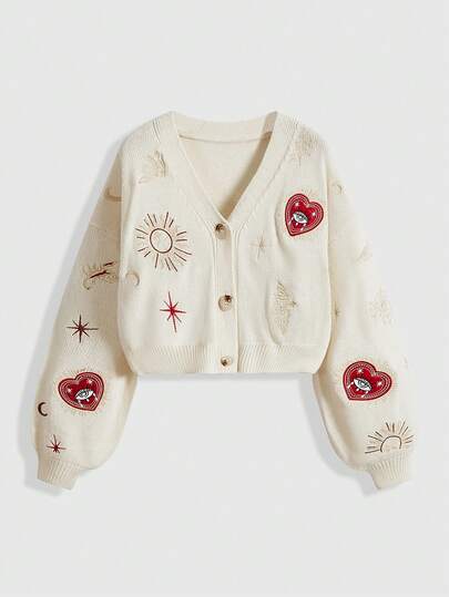 Hippie Women's Retro Palace Heart, Eye, Sun, Moon, Star, Moth Embroidered V-Neck Knitted Cardigan