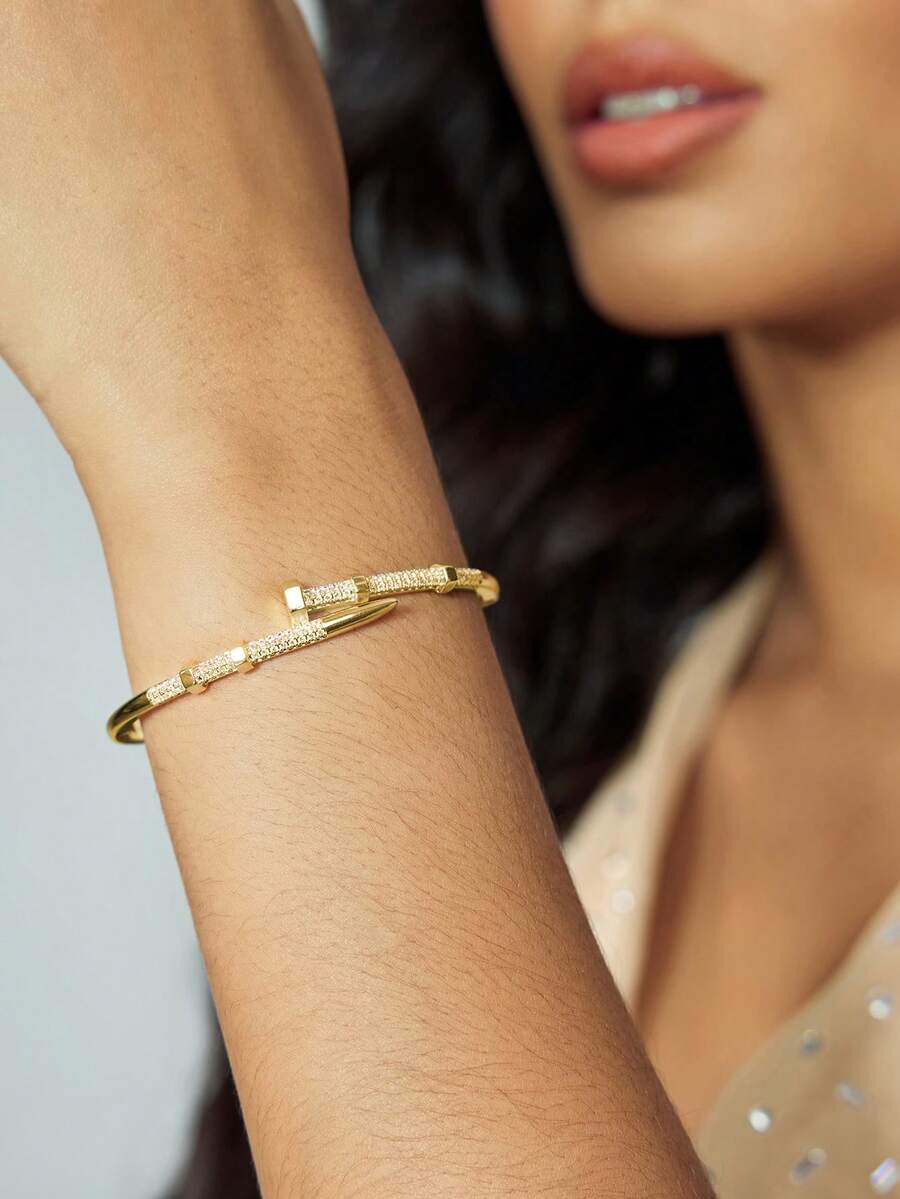 CUCCOO SZL 1件优雅搭扣钉手镯，铜质微镶锆石手镯设计，高端开口手镯，适合作为节日礼物