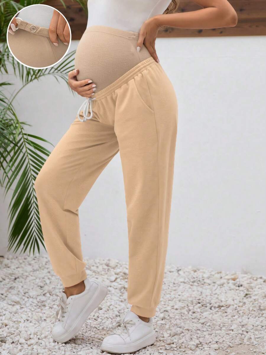 SHEIN 可调节口袋孕妇休闲裤，纯色 - 杏色 - 查看 1