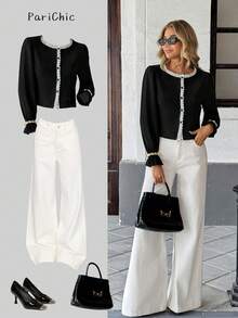 Chiquease Women's Autumn Long Sleeve Blouse With Frill Trim And Patchwork Design, Casual Wear - Black - View 1