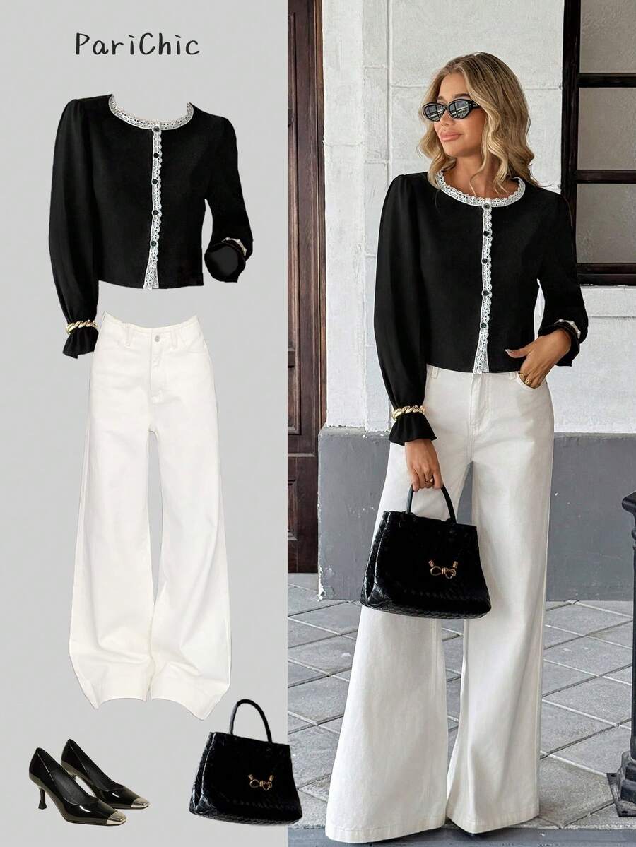 Chiquease Women's Autumn Long Sleeve Blouse With Frill Trim And Patchwork Design, Casual Wear - Black - View 1