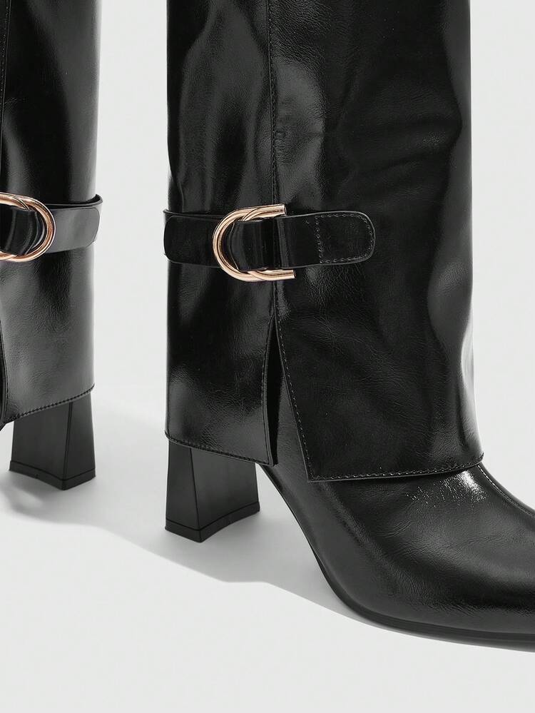 CUCCOO SZL Women's Fashion Black Patent Leather Pointed Toe Double Buckle Street Party Avant-Garde Thigh High Boots - Black - View 5