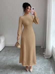 Elenzga 女式纯色高领独特设计修身腰部优雅休闲长袖针织毛衣裙，适合秋冬季 - 杏色 - 查看 6