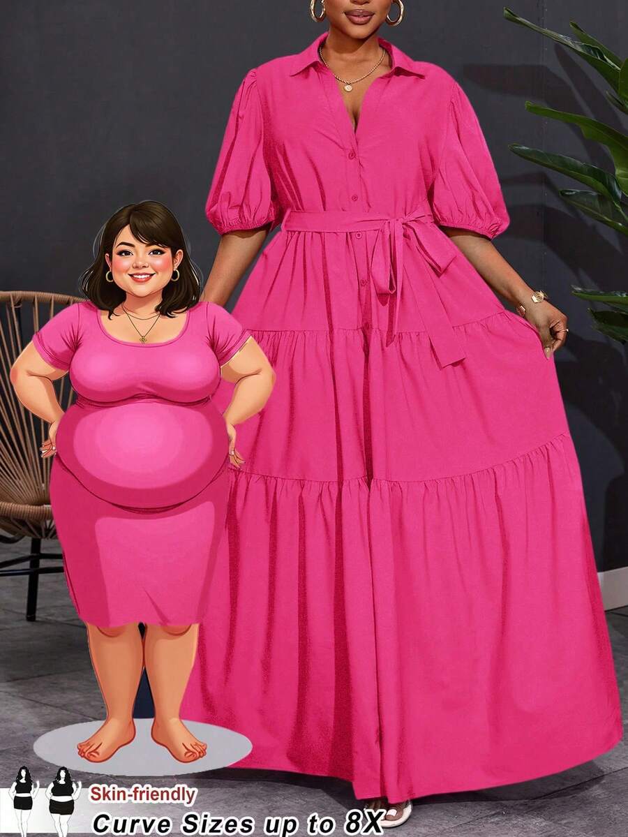 SHEIN CURVE+ Váy maxi xếp ly chữ A tay ngắn màu trơn cỡ lớn 2025 dành cho nữ, dáng rộng, kỳ nghỉ Hoho - Màu Hồng Tươi - Xem 1