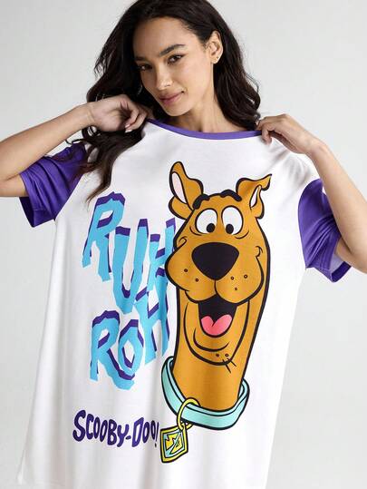 SCOOBY DOO Letter Cartoon Pattern Round Neck Short Sleeve Sleep Dress Shirt Women Character view 7