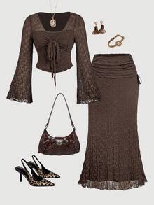 SHEIN MOD Bộ váy đuôi cá tay loe họa tiết gợn sóng màu nâu cỡ lớn, bộ 2 món họa tiết cổ điển cho mùa thu/đông - màu nâu - Xem 1