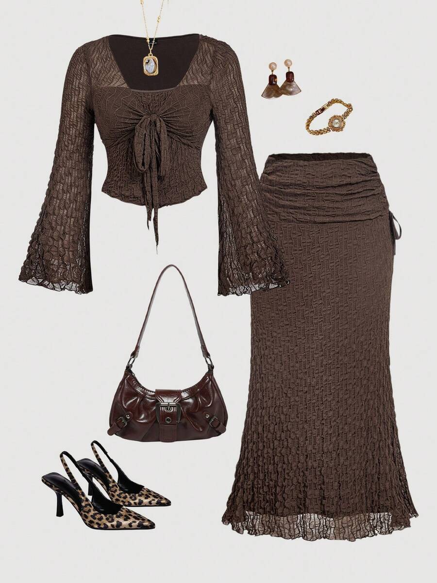 SHEIN MOD Bộ váy đuôi cá tay loe họa tiết gợn sóng màu nâu cỡ lớn, bộ 2 món họa tiết cổ điển cho mùa thu/đông - màu nâu - Xem 1