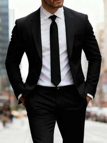 Manfinity Mode Plus Size Men's Casual Suit Set: Solid Color Lapel NeckLong Sleeve Jacket And Pants, Autumn - Black - View 1