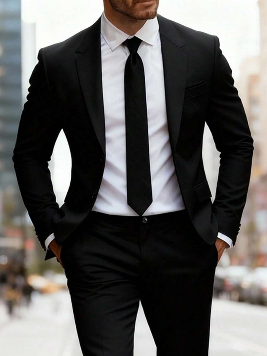 Manfinity Mode Plus Size Men's Casual Suit Set: Solid Color Lapel NeckLong Sleeve Jacket And Pants, Autumn - Black - View 1