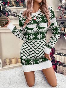 LanaWest 女士圣诞图案针织连衣裙 - 墨綠色 - 查看 6