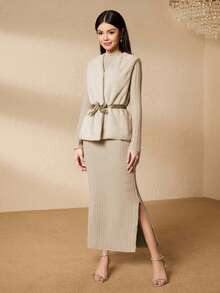 Teen Girls Elegant Minimalist Fashion Turtleneck Raglan Long Sleeve Cinched Waist Long Slit Design Fuzzy Ribbed Fabric Dress With Furry Vest Jacket And Khaki Belt, 3-Piece Set For Teen Girls, Autumn/Winter