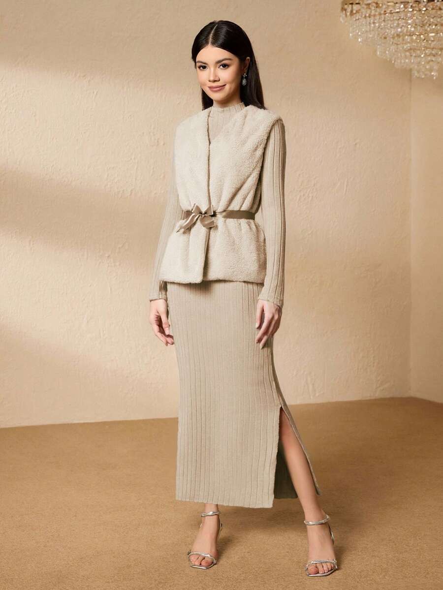 Teen Girls Elegant Minimalist Fashion Turtleneck Raglan Long Sleeve Cinched Waist Long Slit Design Fuzzy Ribbed Fabric Dress With Furry Vest Jacket And Khaki Belt, 3-Piece Set For Teen Girls, Autumn/Winter
