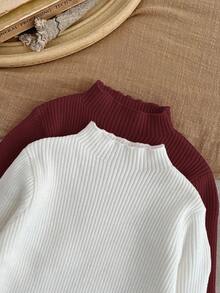 SHEIN LMoss Kids LMoss 多件装女婴高领长袖修身套头毛衣 - 紅色 - 查看 5