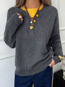 DAZY 休闲拼色亨利领套头衫，柔软针织二合一女式毛衣 - 深灰色 - 查看 4