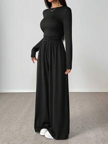 SHEIN Unity Casual Round Neck Side Ruched Long Sleeve Black Jumpsuit, Suitable For Spring, Autumn And Winter - Black - View 5