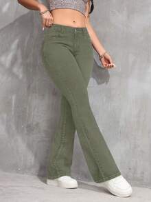 SHEIN ICON 大码女式复古弹力修身喇叭牛仔裤，百搭牛仔/竞技风格 - 軍綠色 - 查看 5