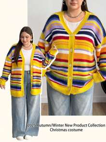 Enliva 大码女式长袖开衫，彩色条纹针织毛衣，秋冬女装 - 彩色 - 查看 1