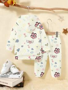 Sparklyn 2 pièces/Set Mode automne/hiver pour filles, créatif et mignon. Imprimé de motifs de ailes d'ange, fleurs et cœurs. Tenue décontractée, chaude et confortable, comprend un sweat-shirt à capuche et un pantalon de survêtement - Multicolore - Voir 2