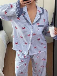 Dream Adore Plus Size Women Striped Bow Print Contrast Color Ruffle Trim Long Sleeve Pajama Set With Open Front Collar Bow Print Pajamas Striped Pajamas Ruffle Trim Pajamas Sleep Wear Women 2 Piece Set, Fall & Winter Clothes