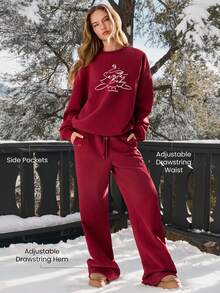 GLOWMODE Heavyweight Fleece Festive Flow Soft Plush Warm Straight-Leg Side Pockets Drawstring Sweatpants Holiday Christmas Autumn Winter Outdoors Daily Casual Wear - Rot - Übersicht 4