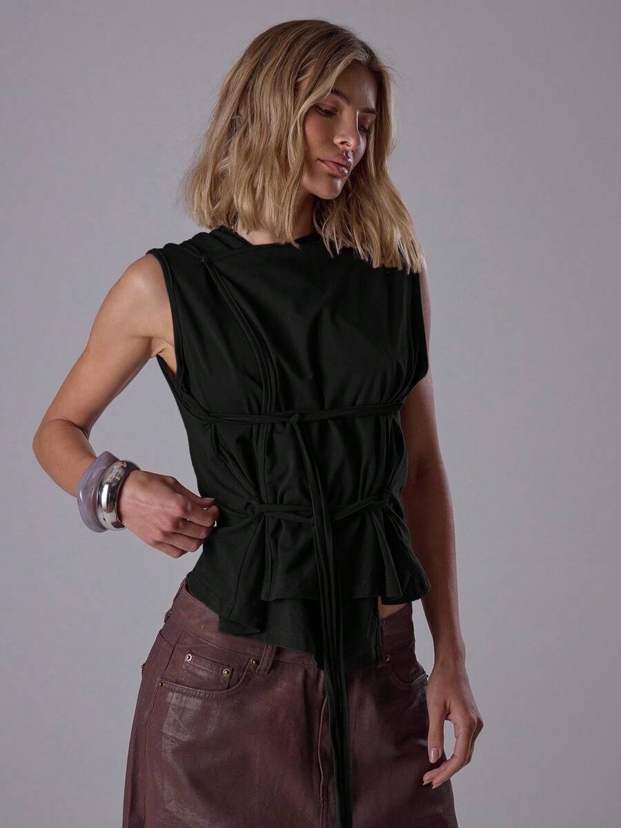 MUSERA Top de cuello alto con detalle de lazo alrededor de la cintura, elegante para salir de noche en otoño, sexy y lindo, ropa de calle para primavera y verano - Negro - Ver 1