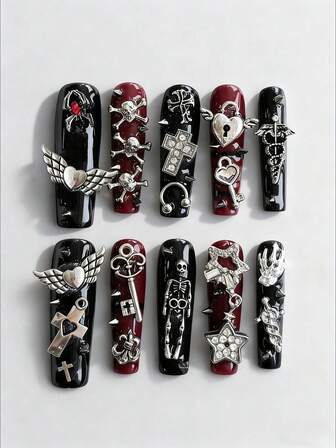 Grunge Punk 10 Elementi di unghie finte di alta qualità in stile gotico, a forma di cuore con ragno, teschio e stelle, di colore rosso e nero + 3 strisce biadesive, stile punk Y2K con diamanti rimovibili e forma trapezoidale, adatti per feste, balli e uso quotidiano.