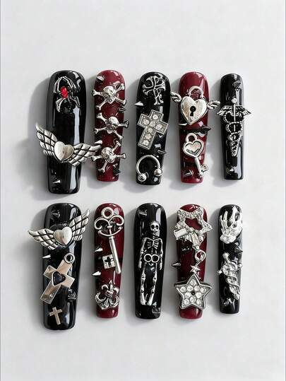 Grunge Punk 10 Elementi di unghie finte di alta qualità in stile gotico, a forma di cuore con ragno, teschio e stelle, di colore rosso e nero + 3 strisce biadesive, stile punk Y2K con diamanti rimovibili e forma trapezoidale, adatti per feste, balli e uso quotidiano.