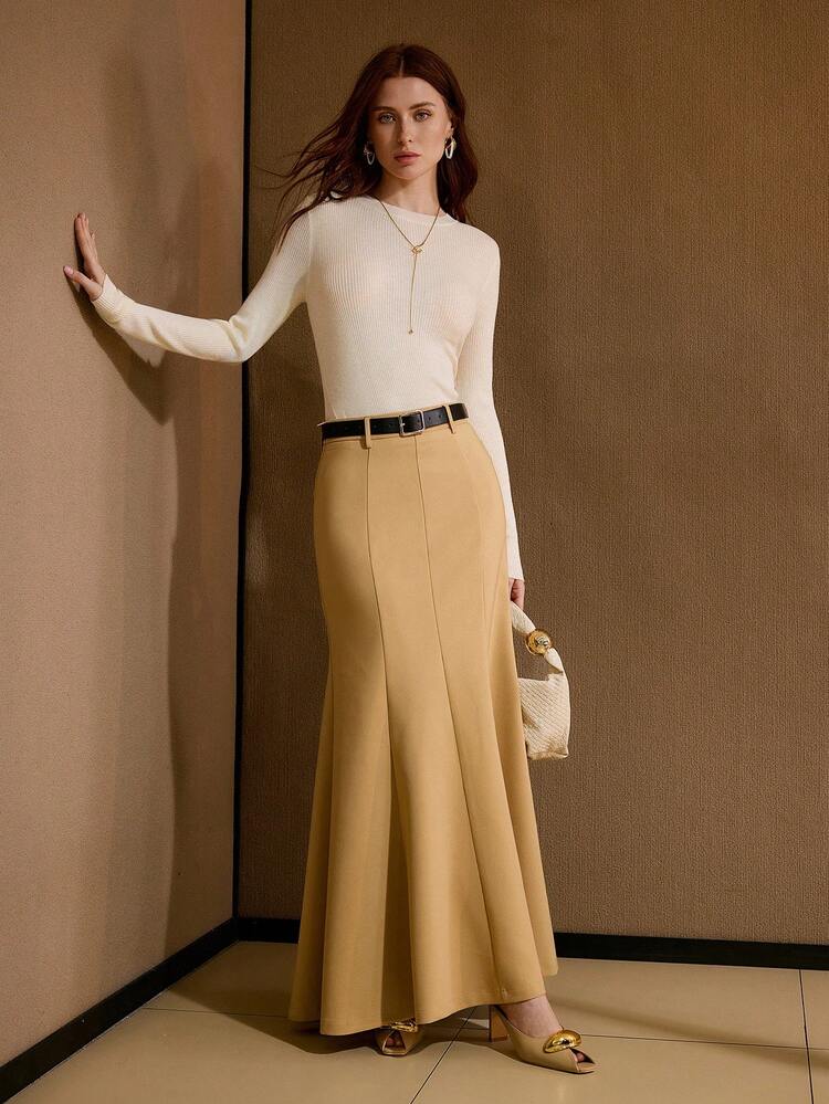ELEGANT SOLID SEAM DETAIL MERMAID SKIRT WITH BELT