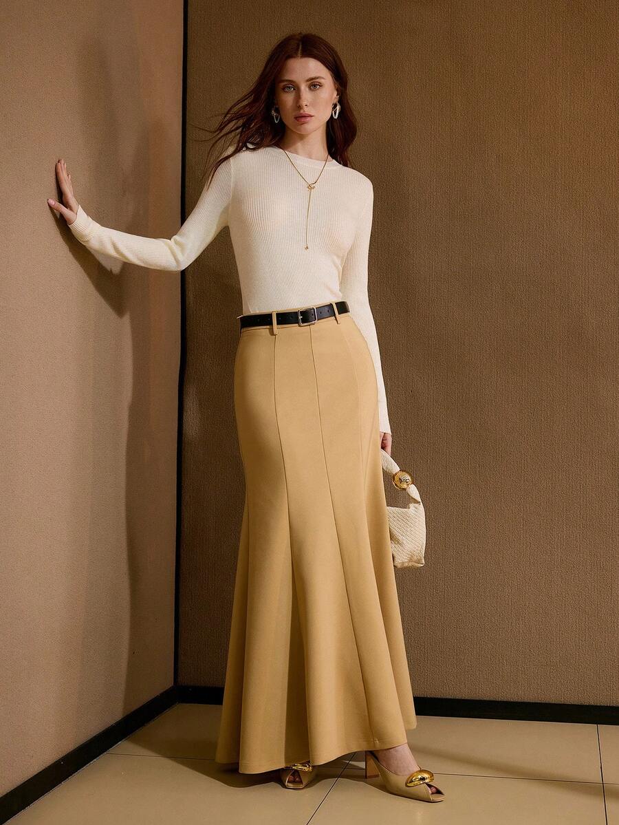 MOTF PREMIUM FALDA DE SIRENA CON DETALLE DE COSTURA SÓLIDA Y CINTURÓN ELEGANTE - Marrón - Ver 1