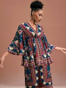 JIAN LASALA Mehrfarbiges Boho-Lässig-Top mit V-Ausschnitt, elastischem Bund, weiten Ärmeln und Allover-Muster für Frauen, ideal für Urlaub und Ferien, afrikanischer Muster, elegantes Ibiza-Grafik-Top - Verschiedenfarbig - Übersicht 5
