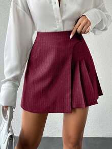 EURMUSE Women's Wrap Around Striped Pleated Versatile Skirt - Burgundy - View 4