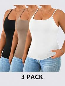 SHEIN Essnce Plus Size Women's Summer Slim Fit Casual 3pcs Solid Color Vests - Khaki - View 8