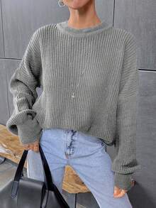 EURMUSE Solid Color Crew Neck Casual Versatile Pullover Sweater, Autumn/Winter - Grey - View 2