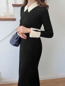 FRIFUL 女士撞色领长袖珍珠纽扣装饰修身长款毛衣连衣裙，秋冬款