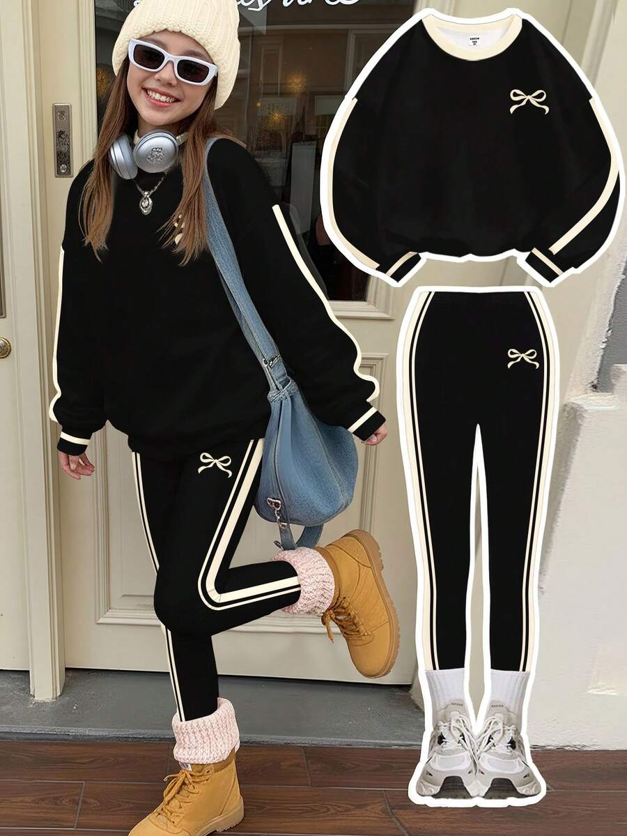 SHEIN Leap Crew Conjunto de 2 piezas de sudadera de cuello redondo gruesa, suave y holgada con estilo deportivo universitario retro, patrón de lazo lindo, contraste de rayas en crema y blanco, y leggings pitillo, adecuado para otoño/invierno, salidas, estilo callejero, hogar, campus, para adolescentes y chicas