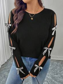 SHEIN LUNE Plus Size Hollow Out Casual Knit Sweater With Playful Sequin Bow Decor Bow Top Women Black Sweater Winter Party Graduation Elegant Sequin Elegant Graduation Christmas New Year Winte Shiny - Black - View 1