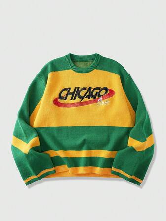 Street Life Men's Letter Embroidery Contrast Color Crew Neck Casual Long Sleeve Sweater