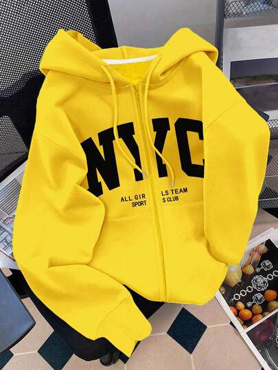 Franclia Women's Hooded Zip-Up Sweatshirt, Letter Graphic, Casual Outerwear For Teachers, Back To School, Graduation, Daily Wear, Winter Jacket, Fashionable & Versatile, Plus Size Long Sleeve Sweatshirt