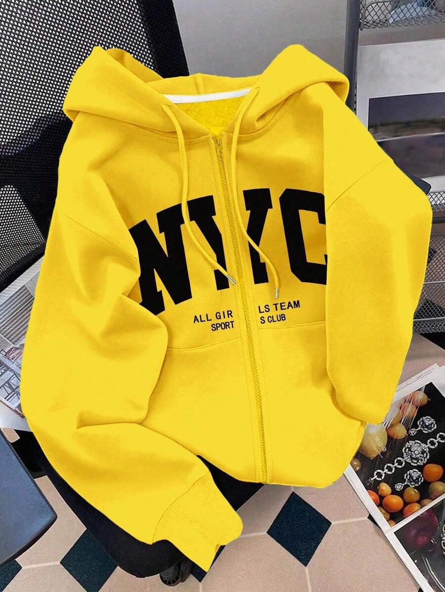 Franclia Women's Hooded Zip-Up Sweatshirt, Letter Graphic, Casual Outerwear For Teachers, Back To School, Graduation, Daily Wear, Winter Jacket, Fashionable & Versatile, Plus Size Long Sleeve Sweatshirt - Yellow - View 1