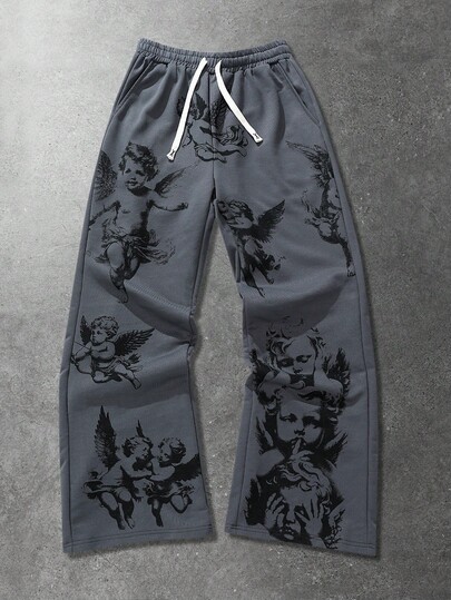 Street Life Pantalon de survêtement casual pour hommes avec cordon de serrage à la taille et imprimé ange