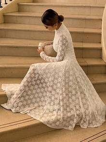 Livesso 优雅女士中长款蕾丝喇叭连衣裙，适合秋冬季派对和宴会穿着 - 白色 - 查看 2