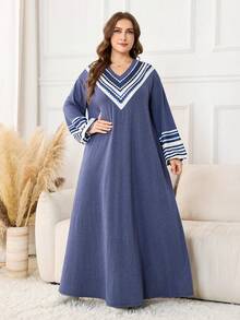 Lacomfia 大码纯色长袖针织连衣裙，优雅休闲舒适，秋冬款 - 藍色 - 查看 1