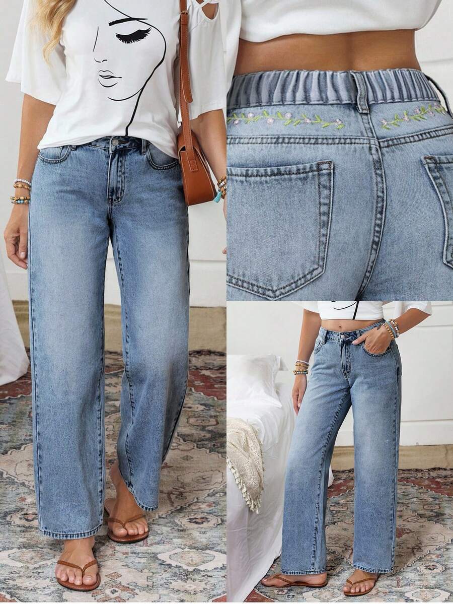 EMERY ROSE Plus Size Women Winter Embroidered Pocket Straight Loose Casual Jeans, Autumn/Winter - Dark Wash - View 1