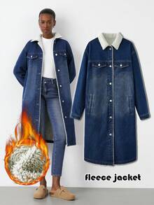 Maija Women's Blue Extended Denim Jacket, Lambswool Long Coat, Classic Winter Warm Wear