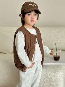 Genkimix Kids 3pcs/Set Toddler Boys Winter Casual Outfits Including Quilting Vest + Letter Embroidered Crew Neck Fleece Sweatshirt + Jogger - Brown - View 4