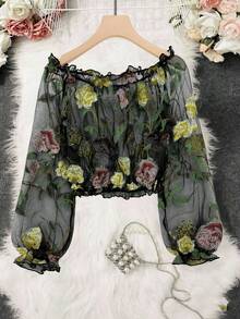 SHEIN LUNE 女士时尚透明网眼钩针刺绣花卉露肩灯笼袖短款上衣 - 彩色 - 查看 2