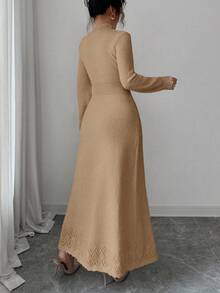 Elenzga 女式纯色高领独特设计修身腰部优雅休闲长袖针织毛衣裙，适合秋冬季 - 杏色 - 查看 3