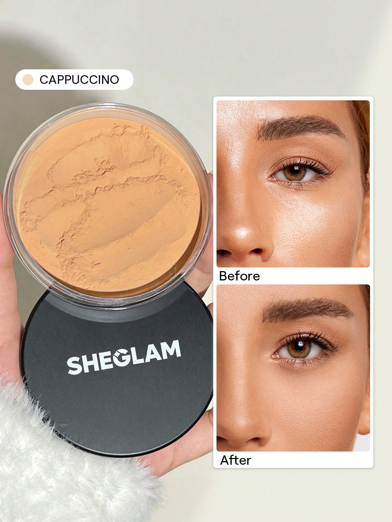 SHEGLAM بودرة تثبيت مخبوزة متوهجة-بودرة تثبيت سائبة للتحكم في الزيوت من كابتشينو، شفافة، خالية من المسام، خالية من العيوب، تنعم الخطوط الدقيقة
