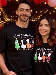 Manfinity NXTstreet Men's Casual Cute Christmas Cartoon Duck & Letter Print Dropped Shoulder Loose Black T-Shirt Couple Tshirt Men And Women Matching Outfits Couples Matching Shirt Couples Stardew Valley Husband And Wife Matching Outfits Treaty Oak Revival Funny Couples T Shirt - Black - View 1