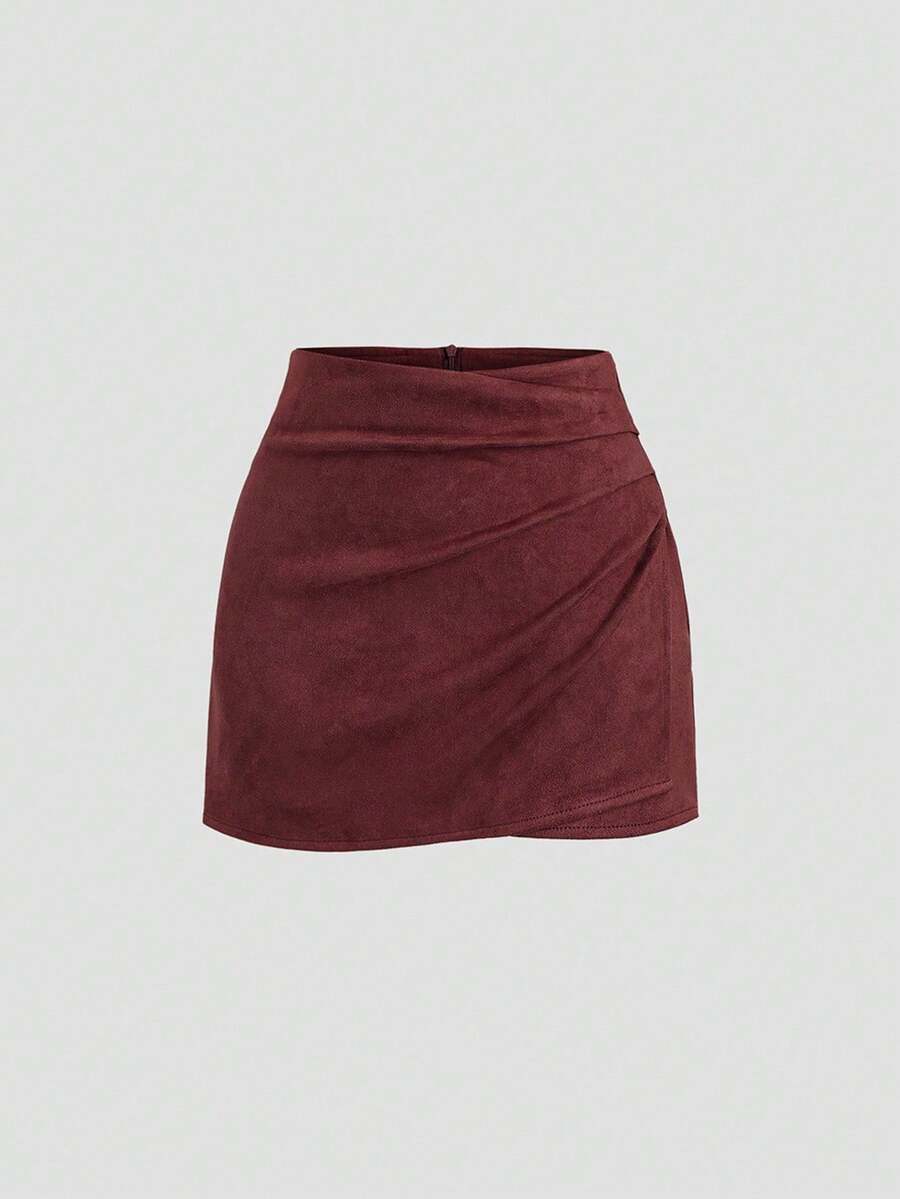 SHEIN PETITE Chân váy ngắn xếp ly chữ A chất liệu da lộn màu sắc tươi tắn thời trang thu đông dành cho nữ dáng nhỏ nhắn - Màu Đỏ Sâu - Xem 1